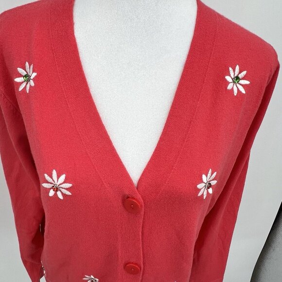 Liv Milano Coral Pink Cardigan Sweater Size M V Neck Flower Embellished Soft - Picture 12 of 13